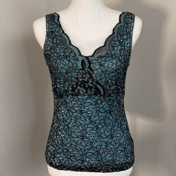 Conrad C Medium sleeveless top - blaack and blue lace over light blue knit. - Picture 2 of 3
